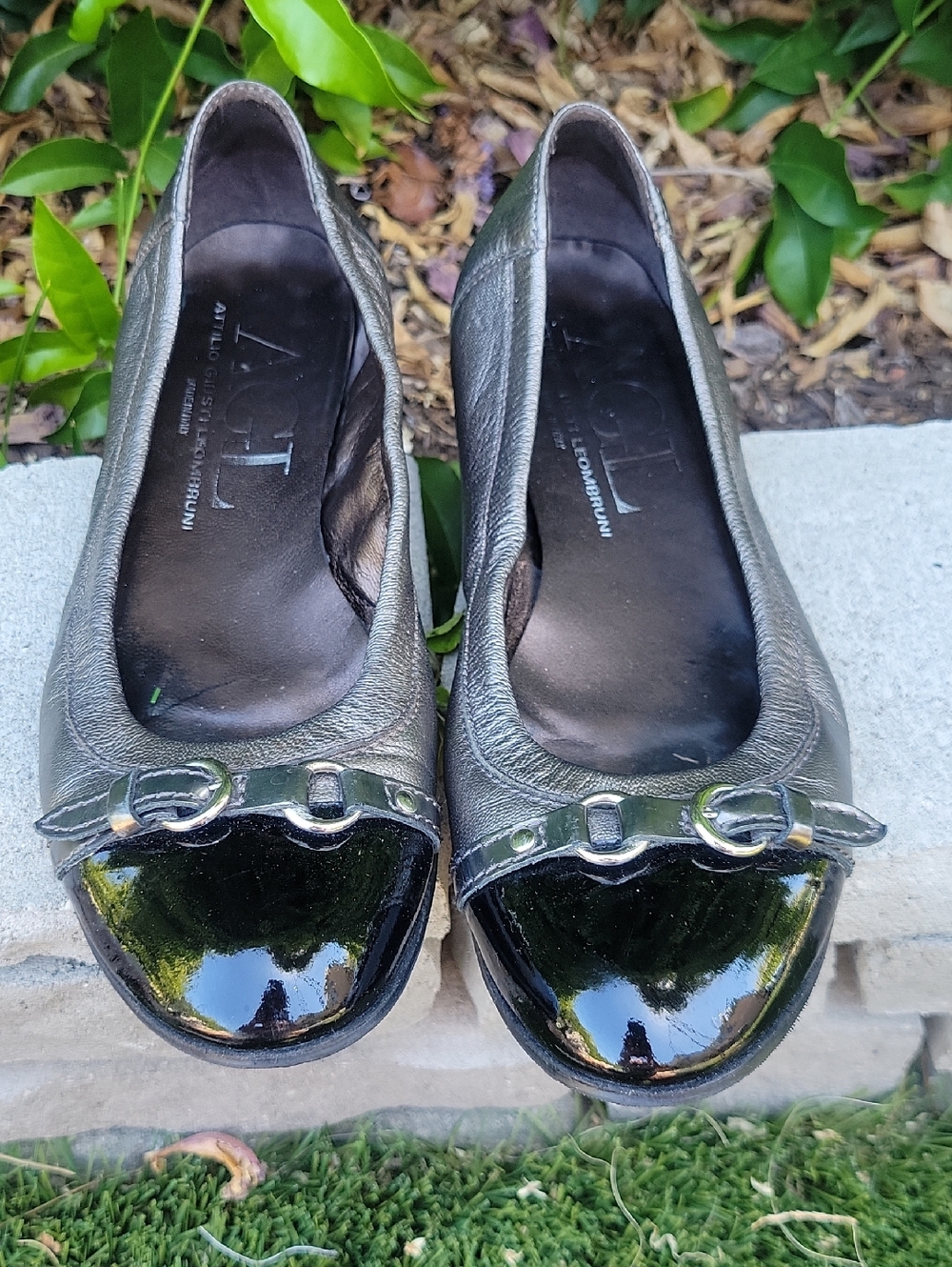 AGL Black and Metallic Brown Ballet Flats with Buckle Detail